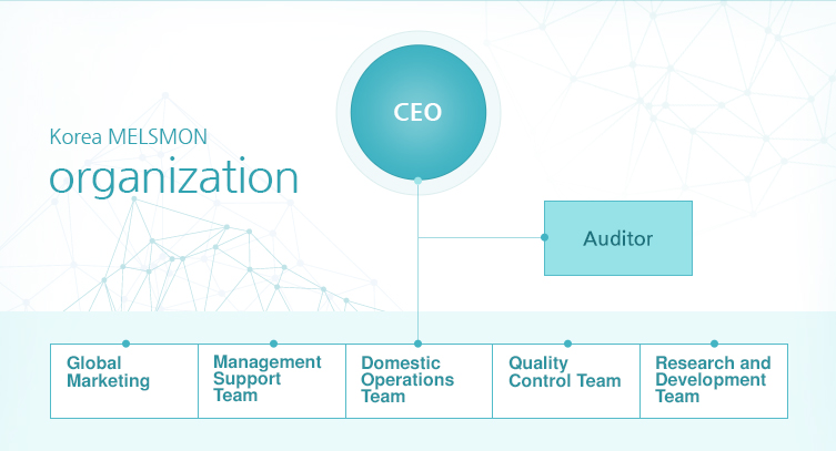 MELSMON Korea organization ceo > Auditor > Global Marketing, Management Support Team, Domestic Operations Team, Quality Control Team, Research and Development Team